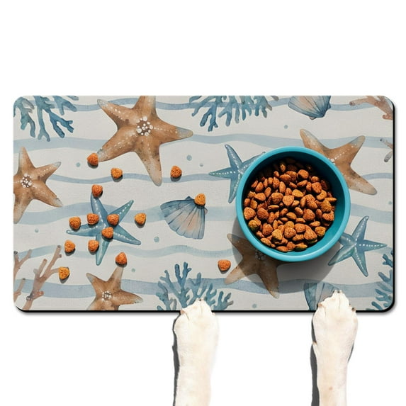 Vintage Nautical Summer Dog Food Mat – Beach Marine Pet Feeding Mat 17x30, Non-Slip, Absorbent, Quick Dry, , Easy Clean