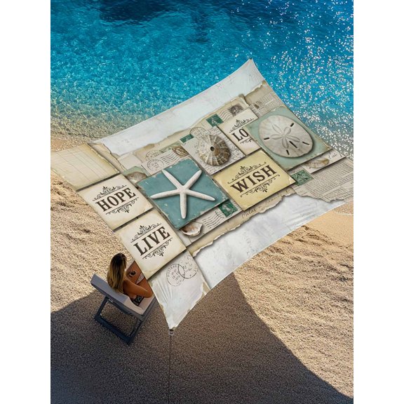 Vintage Nautical Sun Shade Sail 12' x 16', Beach Wish Starfish Sand Dollar Newspaper Rectangle Outdoor Sunshade Canopy, Waterproof UV Block Patio Covers for Garden Yard Beach