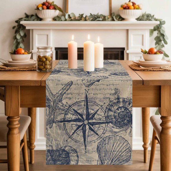 Vintage Nautical Table Runner, Summer Navy Blue Compass Shell Starfish Brown Cotton Linen Kitchen Table Decoration Washable Dining Tabletop Runners for Home Party Decor 13x48 Inches