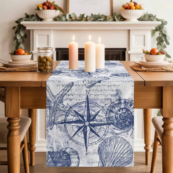Vintage Nautical Table Runner, Summer Navy Blue Compass Shell Starfish Map Cotton Linen Kitchen Table Decoration Washable Dining Tabletop Runners for Home Party Decor 13x48 Inches