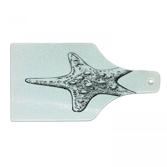 Vintage Nautical Tattoo Cutting Board, Monochromatic Hand Drawn Sketch of Starfish Pattern, Decorative Tempered Glass Cutting and Serving Board, in 3 Sizes, by Ambesonne