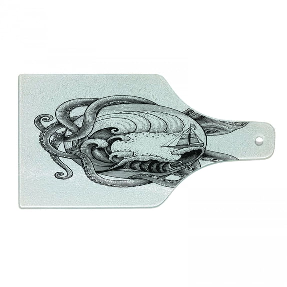Vintage Nautical Tattoo Cutting Board, Monochrome Sketch of Octopus Tentacles Ocean Waves Boat, Decorative Tempered Glass Cutting and Serving Board, in 3 Sizes, by Ambesonne