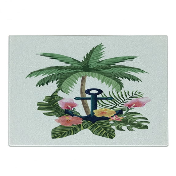 Vintage Nautical Tattoo Cutting Board, Tropical Palm Trees Anchor and Exotic Hibiscus, Decorative Tempered Glass Cutting and Serving Board, in 3 Sizes, by Ambesonne