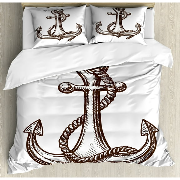 Vintage Nautical Tattoo Duvet Cover Set, Engraving Look Sketch Anchor Maritime Pattern, Decorative 3 Piece Bedding Set with 2 Pillow Shams, King Size, Chocolate and White, by Ambesonne