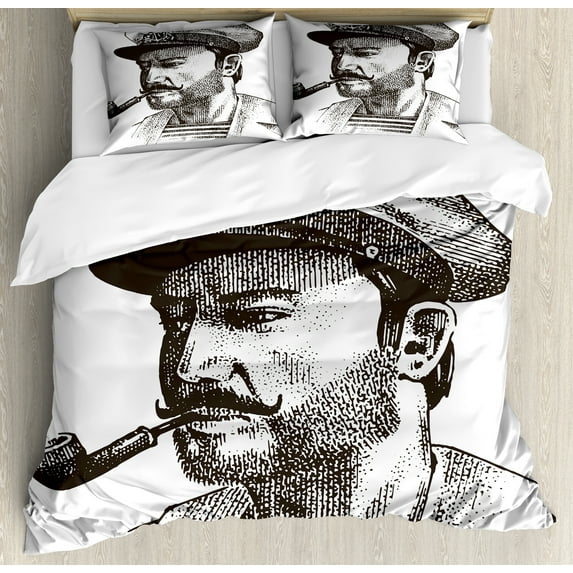 Vintage Nautical Tattoo Duvet Cover Set, Handsome Seaman Marine Sailor Boatswain Engraved Look Sketch, Decorative 3 Piece Bedding Set with 2 Pillow Shams, Queen Size, Dark Taupe White, by Ambesonne