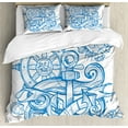 thumbnail image 1 of Vintage Nautical Tattoo Duvet Cover Set, Pirate Anchor Steering Wheel Crab Shell Waves Abstract Print, Decorative 3 Piece Bedding Set with 2 Pillow Shams, Calking Size, Azure Blue White, by Ambesonne, 1 of 3