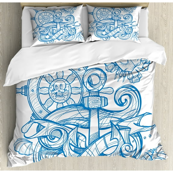 Vintage Nautical Tattoo Duvet Cover Set, Pirate Anchor Steering Wheel Crab Shell Waves Abstract Print, Decorative 3 Piece Bedding Set with 2 Pillow Shams, Calking Size, Azure Blue White, by Ambesonne