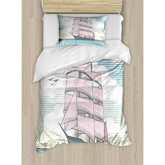 Vintage Nautical Tattoo Duvet Cover Set, Windjammer Sailboat Dreamy Colors Sea and Sky, Decorative 2 Piece Bedding Set with 1 Pillow Shams, Twin Size, Ivory Pastel Pink, by Ambesonne