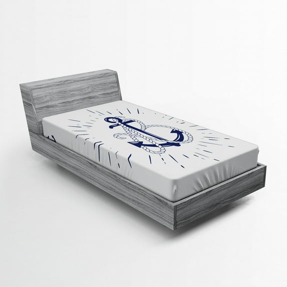 Vintage Nautical Tattoo Fitted Sheet, Vintage Anchor and Starbursts Cardinal Directions Print, Soft Decorative Fabric Bedding All-Round Elastic Pocket, Twin Size, Indigo and White, by Ambesonne