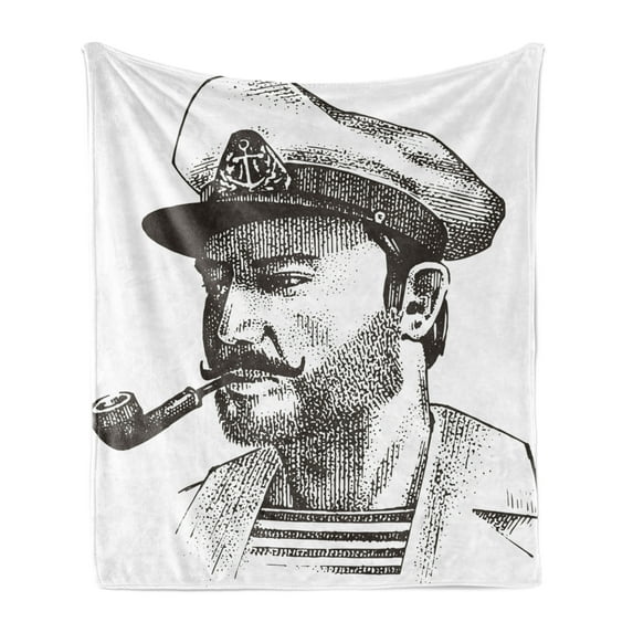 Vintage Nautical Tattoo Soft Flannel Fleece Blanket, Handsome Seaman Marine Sailor Boatswain Engraved Look Sketch, Cozy Plush for Indoor and Outdoor Use, 60" x 80", Dark Taupe White, by Ambesonne