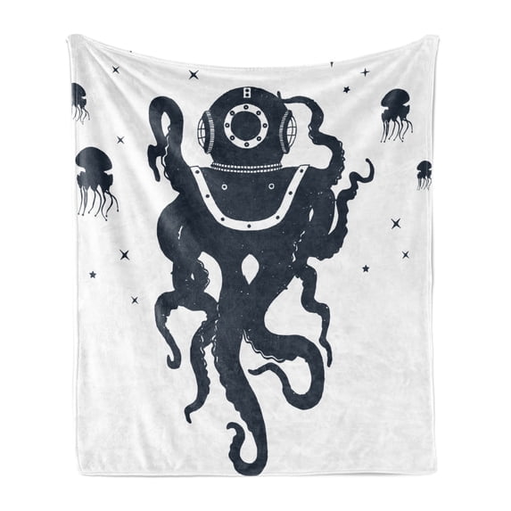 Vintage Nautical Tattoo Soft Flannel Fleece Blanket, Octopus Jellyfish in Astronaut Costume Plain Background, Cozy Plush for Indoor and Outdoor Use, 50" x 60", Dark Violet Blue White, by Ambesonne