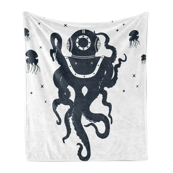 Vintage Nautical Tattoo Soft Flannel Fleece Blanket, Octopus Jellyfish in Astronaut Costume Plain Background, Cozy Plush for Indoor and Outdoor Use, 50" x 70", Dark Violet Blue White, by Ambesonne