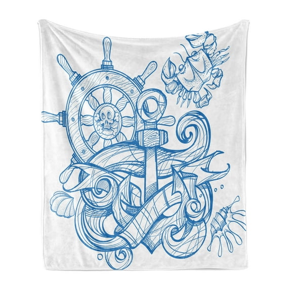 Vintage Nautical Tattoo Soft Flannel Fleece Blanket, Pirate Anchor Steering Wheel Crab Shell Waves Abstract Print, Cozy Plush for Indoor and Outdoor Use, 60" x 80", Azure Blue White, by Ambesonne