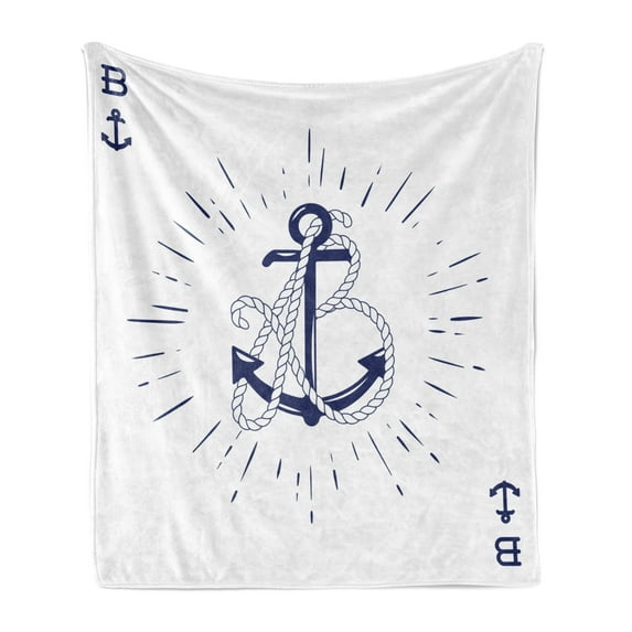 Vintage Nautical Tattoo Soft Flannel Fleece Blanket, Vintage Anchor and Rope Starbursts Cardinal Directions Print, Cozy Plush for Indoor and Outdoor Use, 50" x 70", Indigo and White, by Ambesonne
