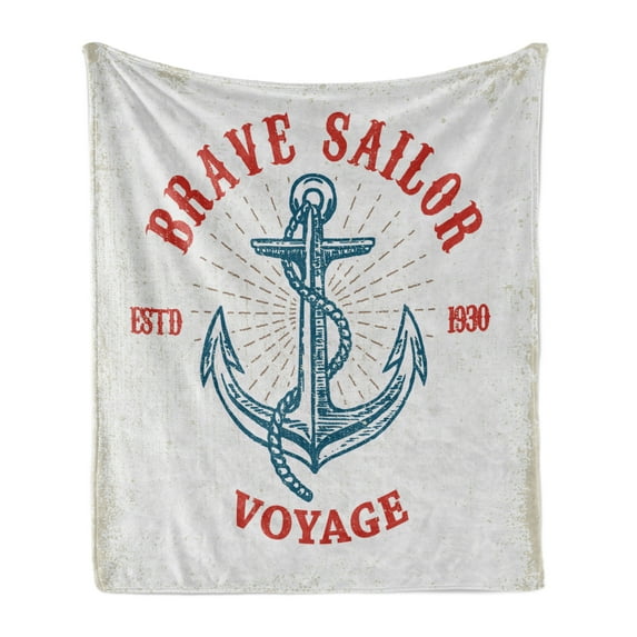Vintage Nautical Tattoo Soft Flannel Fleece Throw Blanket, Anchor Rope Maritime Voyage Art, Cozy Plush for Indoor and Outdoor Use, 50" x 60", Coconut Vermilion, by Ambesonne
