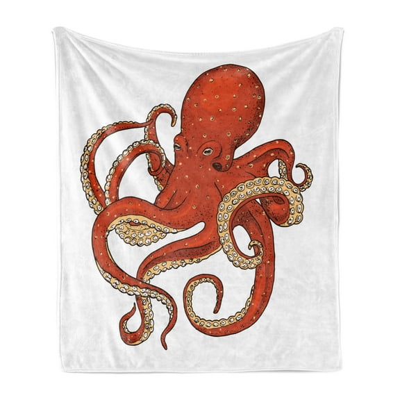 Vintage Nautical Tattoo Soft Flannel Fleece Throw Blanket, Colorful Octopus Drawing on Plain Background, Cozy Plush for Indoor and Outdoor Use, 50" x 70", Vermilion Eggshell, by Ambesonne