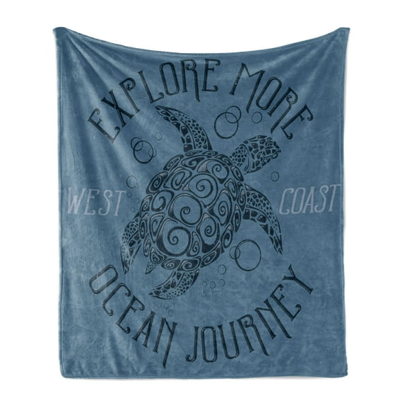 Vintage Nautical Tattoo Soft Flannel Fleece Throw Blanket, Explore More Ocean Journey Text Turtle Pattern, Cozy Plush for Indoor and Outdoor Use, 50" x 70", Slate Blue Petrol Blue, by Ambesonne