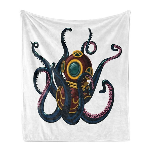 Vintage Nautical Tattoo Soft Flannel Fleece Throw Blanket, Funny Colorful Octopus and Curly Tentacles in Retro Diving Suit, Cozy Plush for Indoor and Outdoor Use, 60" x 80", Multicolor, by Ambesonne