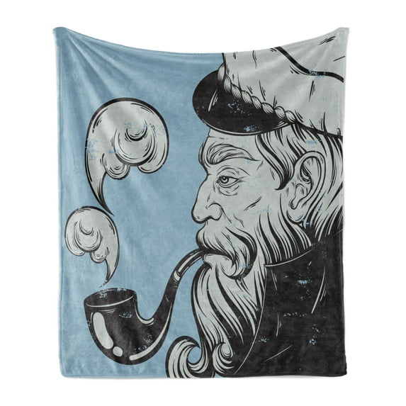Vintage Nautical Tattoo Soft Flannel Fleece Throw Blanket, Grunge Old Seaman Sailing Nautical Themed Illustration, Cozy Plush for Indoor and Outdoor Use, 70" x 90", Blue Grey and Grey, by Ambesonne