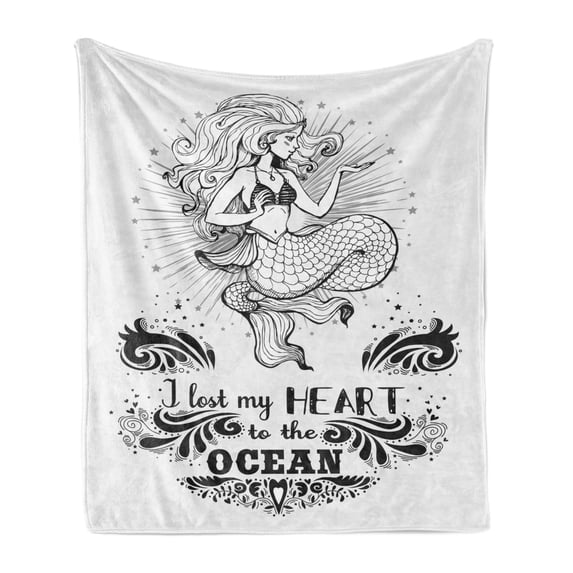 Vintage Nautical Tattoo Soft Flannel Fleece Throw Blanket, I Lost My Heart to the Ocean with Mermaid Art, Cozy Plush for Indoor and Outdoor Use, 50" x 60", Charcoal Grey Pale Grey, by Ambesonne