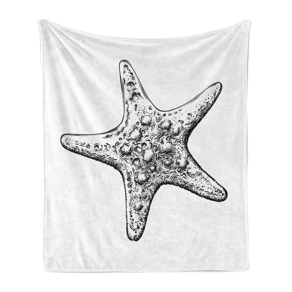 Vintage Nautical Tattoo Soft Flannel Fleece Throw Blanket, Monochromatic Hand Drawn Sketch of Starfish Pattern, Cozy Plush for Indoor and Outdoor Use, 70" x 90", Charcoal Grey and White, by Ambesonne