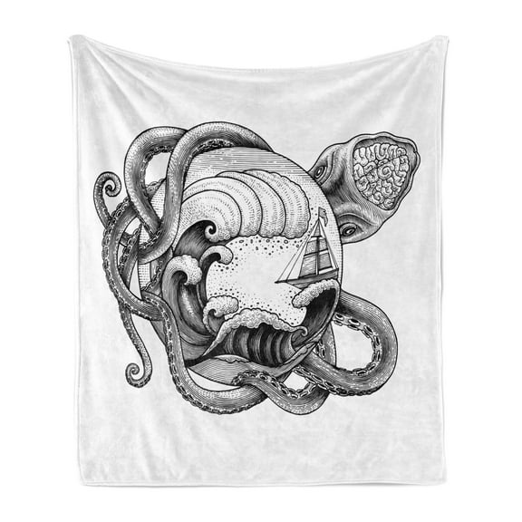 Vintage Nautical Tattoo Soft Flannel Fleece Throw Blanket, Monochrome Sketch of Octopus Tentacles Ocean Waves Boat, Cozy Plush for Indoor and Outdoor Use, 50" x 60", Charcoal Grey White, by Ambesonne