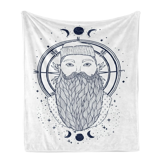 Vintage Nautical Tattoo Soft Flannel Fleece Throw Blanket, Old Mystic Alchemist Seaman Hipster Celestial Design, Cozy Plush for Indoor and Outdoor Use, 50" x 70", Indigo and White, by Ambesonne