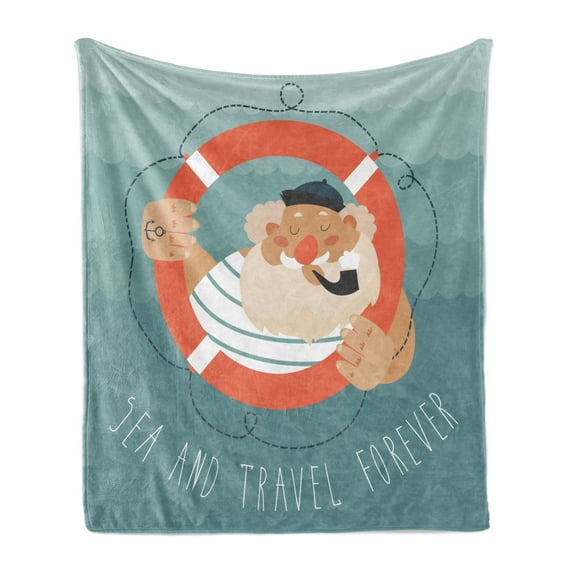Vintage Nautical Tattoo Soft Flannel Fleece Throw Blanket, Old Sailor Striped T-Shirt Sailing Man Traveling, Cozy Plush for Indoor and Outdoor Use, 50" x 70", Burnt Sienna Blue Grey, by Ambesonne