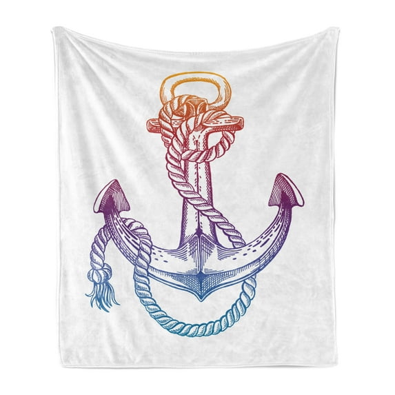 Vintage Nautical Tattoo Soft Flannel Fleece Throw Blanket, Ombre Anchor with Rope Vivid Tones, Cozy Plush for Indoor and Outdoor Use, 50" x 60", Multicolor, by Ambesonne