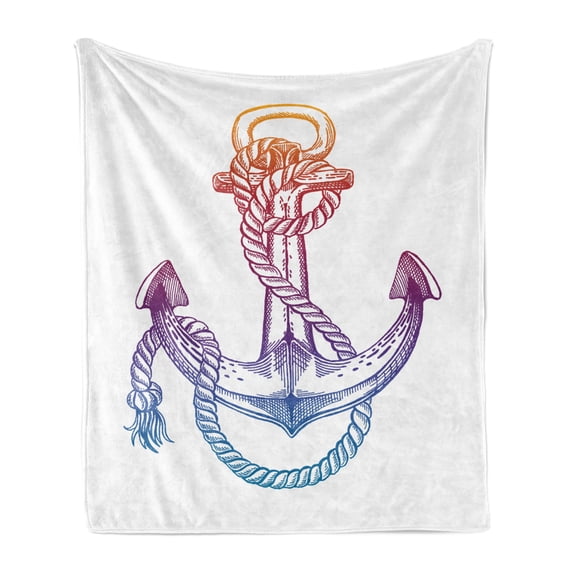 Vintage Nautical Tattoo Soft Flannel Fleece Throw Blanket, Ombre Anchor with Rope Vivid Tones, Cozy Plush for Indoor and Outdoor Use, 50" x 70", Multicolor, by Ambesonne