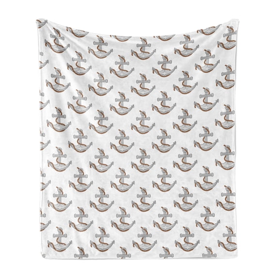 Vintage Nautical Tattoo Soft Flannel Fleece Throw Blanket, Repetitive Anchor and Rope Motif Maritime Pattern, Cozy Plush for Indoor and Outdoor Use, 70" x 90", Pale Cinnamon Pale Grey, by Ambesonne