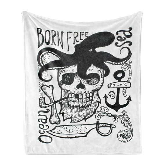 Vintage Nautical Tattoo Soft Flannel Fleece Throw Blanket, Ropes Anchor Sailor Smoking Pirate Skull, Cozy Plush for Indoor and Outdoor Use, 60" x 80", Charcoal Grey White, by Ambesonne