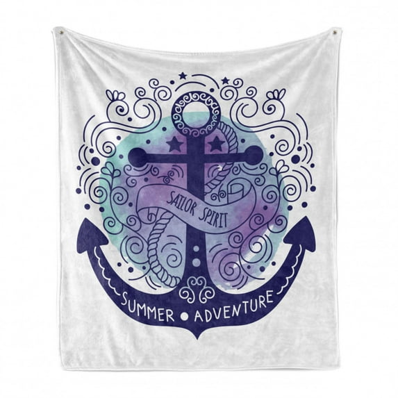 Vintage Nautical Tattoo Soft Flannel Fleece Throw Blanket, Sailor Watercolor Anchor Pattern, Cozy Plush for Indoor and Outdoor Use, 70" x 90", Indigo Pale Seafoam, by Ambesonne