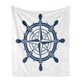 thumbnail image 1 of Vintage Nautical Tattoo Soft Flannel Fleece Throw Blanket, Steering Wheel Compass Pattern on Plain Background, Cozy Plush for Indoor and Outdoor Use, 50" x 60", Dark Sky Blue and White, by Ambesonne, 1 of 5