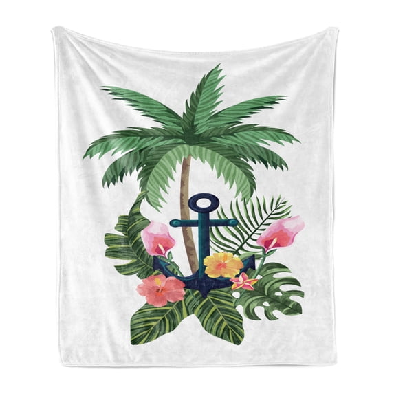 Vintage Nautical Tattoo Soft Flannel Fleece Throw Blanket, Tropical Palm Trees Anchor and Exotic Hibiscus, Cozy Plush for Indoor and Outdoor Use, 50" x 70", Peacock Green Multicolor, by Ambesonne