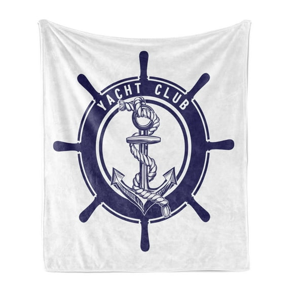 Vintage Nautical Tattoo Soft Flannel Fleece Throw Blanket, Yacht Club Anchor Rope Steering Wheel Maritime Monochrome, Cozy Plush for Indoor and Outdoor Use, 70" x 90", Indigo White, by Ambesonne