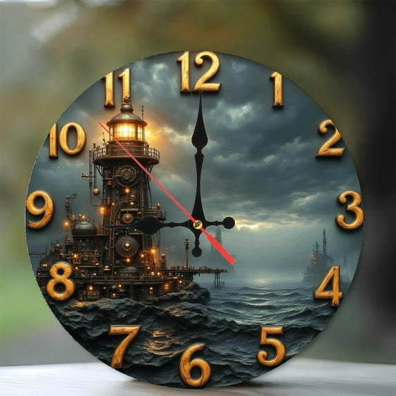 Vintage Nautical Wall Clock with Lighthouse Design 10-Inch Silent Wooden Wall Clock, Battery Operated (AA Batteries Not Included), Artistic Home Decor
