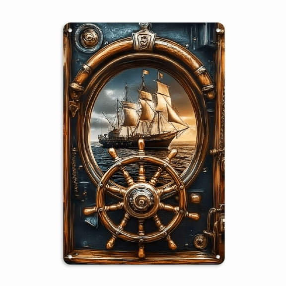 Vintage Nautical Wall Decor, Metal Sign with Sextant and Ship Wheel, Antique Maritime-Themed Decoration, Classic Ocean Illustration, Elegant Nostalgic Home Decor