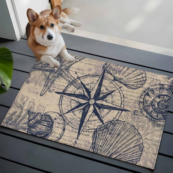 Vintage Nautical Washable Entry Rug 2x3 Summer Navy Blue Compass Shell Starfish Brown Low Pile Indoor Door Mat with Rubber Backing Thin Area Rug for for Entrance, Bedroom, Kitchen, Laundry, Bathroom
