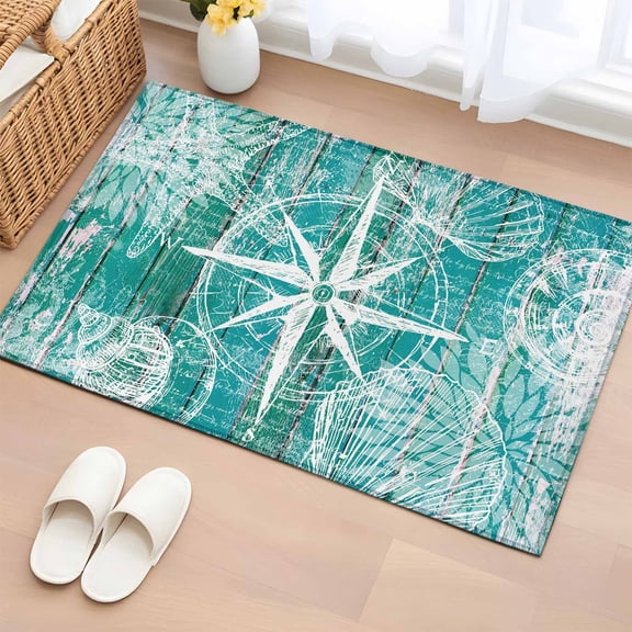Vintage Nautical Washable Small Entryway Area Rugs 2'x3', Summer White Compass Shell Starfish Teal Wooden Low Pile Throw Rug Non-Slip Sturdy Edge Binding Carpet for Front Door Floor Room Entry