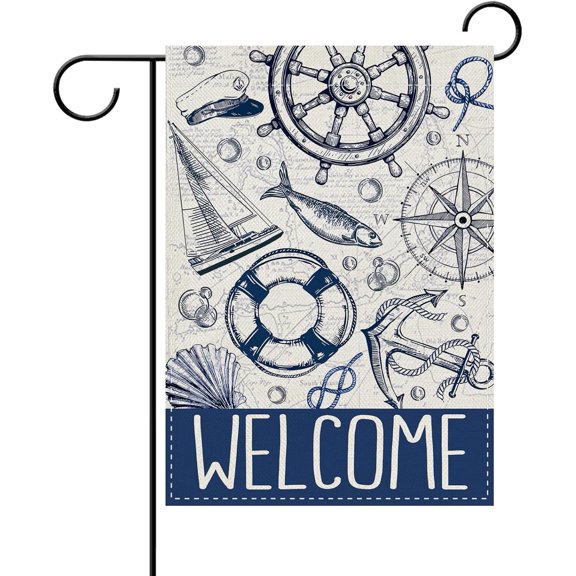 Vintage Nautical Welcome Decorative Garden Flag, Retro Coastal Rudder Compass Sailboat Lifebuoy Anchor Yard Outside Home Decoration, Beach Marine Fish Outdoor Small Decor Double Sided 12 x 18