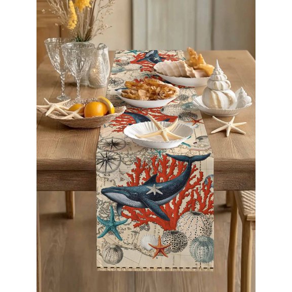 Vintage Nautical Whale on Map Table Runner 13x36in Non-Slip Cotton Linen Table Runners, Ocean Starfish Coral Shell Dresser Scarves TableRunner for Dinner Kitchen Dining Wedding Party