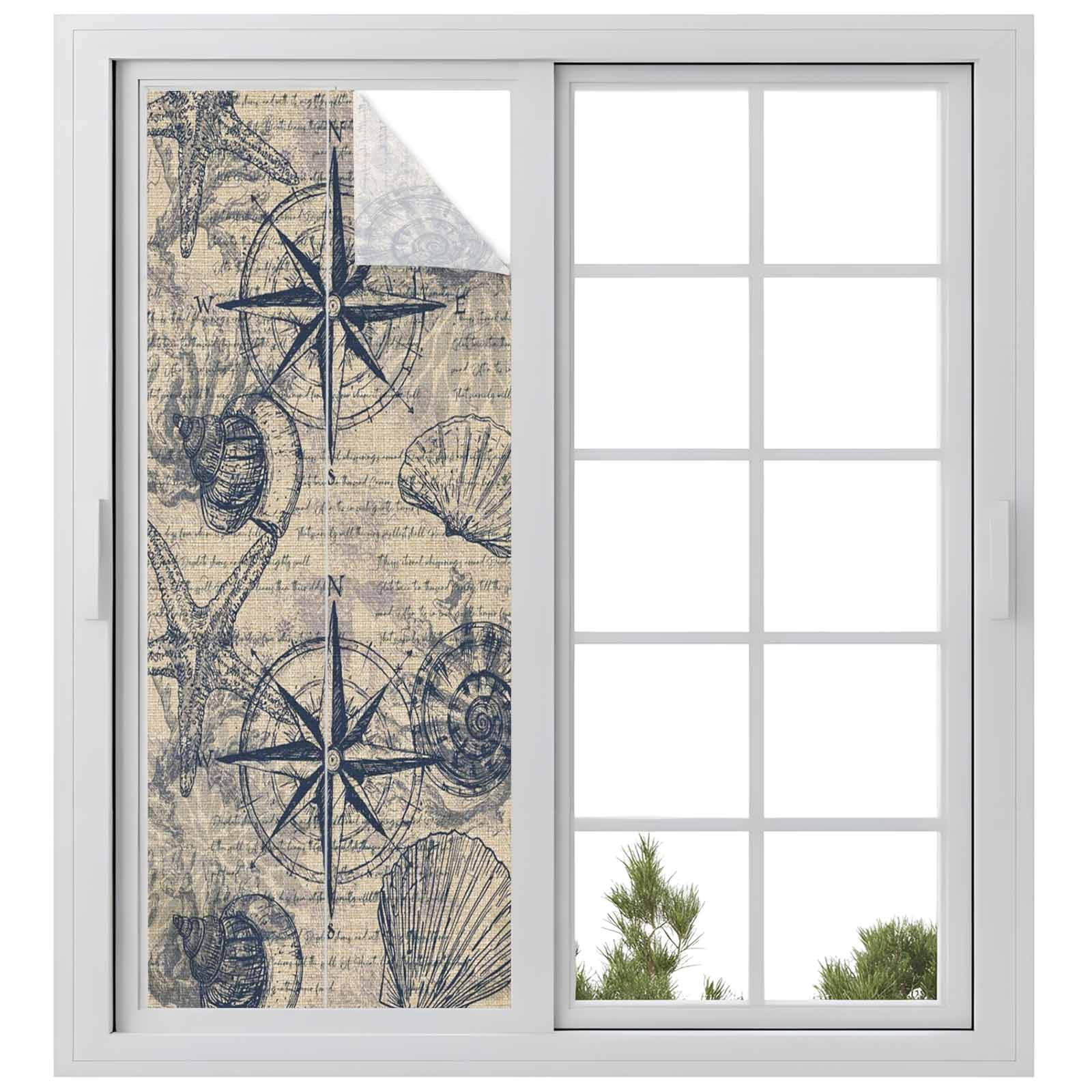 Vintage Nautical Window Privacy Film, Summer Navy Blue Compass Shell Starfish Brown Frosted Glass Window Clings Static Cling UV Heat Blocking Reusable Door Sticker for Bathroom 23.6 x 59 Inch