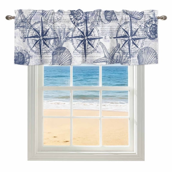 Vintage Nautical Window Valance for Kitchen, Summer Navy Blue Compass Shell Starfish Map Rod Pocket Short Curtain for Small Windows, Light Filtering Decorative Valance, 42 x 12 Inch, 1 Panel