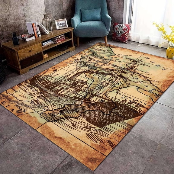 Vintage Nautical World Map Area Rug Boat Ocean Theme Carpet Washable Non Slip Soft Living Room Bedroom Coastal Entrance Mat 5x8ft