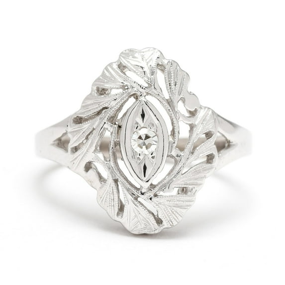 Vintage Navette Diamond Ring, Openwork Filigree Diamond Engagement Ring, Art Deco Solitaire Diamond Ring, Antique Cluster Ring, 925 Sterling Silver, 1.5 Ct Round Cut Simulated Diamond