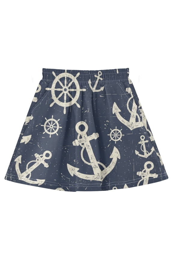 Vintage Navy Anchor and Steering Wheel Cotton Skirt Built-in Liner Elastic A-Line Flared Skirt with Pockets