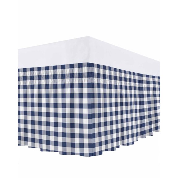 Vintage Navy Bed Skirt King Size 18" Drop Checked Plaid Ruffled Wrap Around Bed Skirts Adjustable Elastic Bedskirt Dust Ruffle for King Size Bed