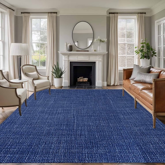 Vintage Navy Blue Area Rug 6x9 FT,Non Slip Living Room Throw Carpet,Farmhouse Retro Dark Solid Color Linen Texture Washable Soft Large Floor Carpet Non-Shedding Rug for Bedroom Dining Room Play Room