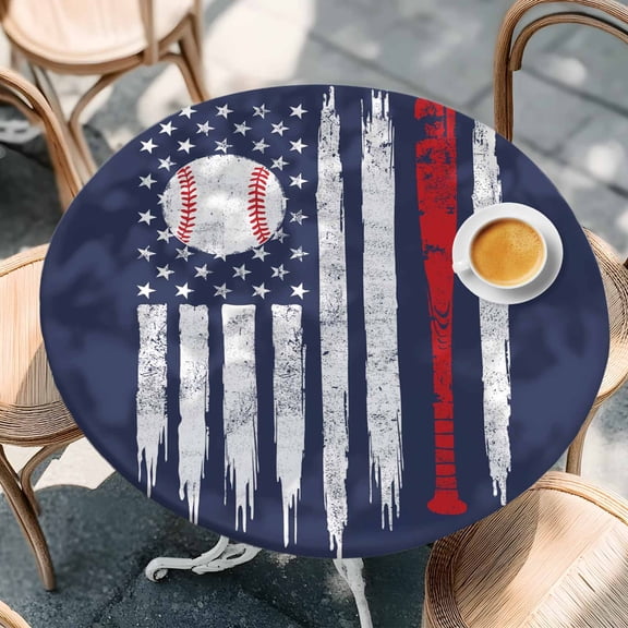 Vintage Navy Blue Baseball Round Fitted Tablecloth with Elastic Edge,Waterproof Table Cloth Fits Tables Up to 36"-44",Wipeable Washable Table Cover for Indoor Outdoor Dinning Party,USA Flag Abstract
